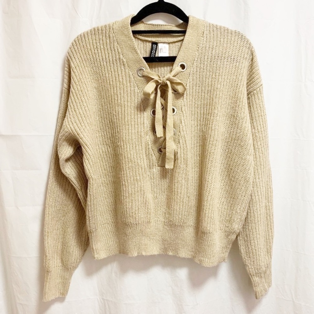 H&M Divided Cream/Tan Knit Tie Up Sweater Small